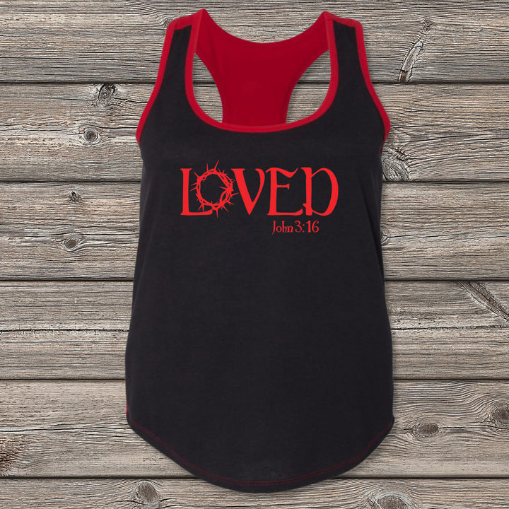 Loved Black-Red Tank Top | John 3:16 | Christian Top | Ladies
