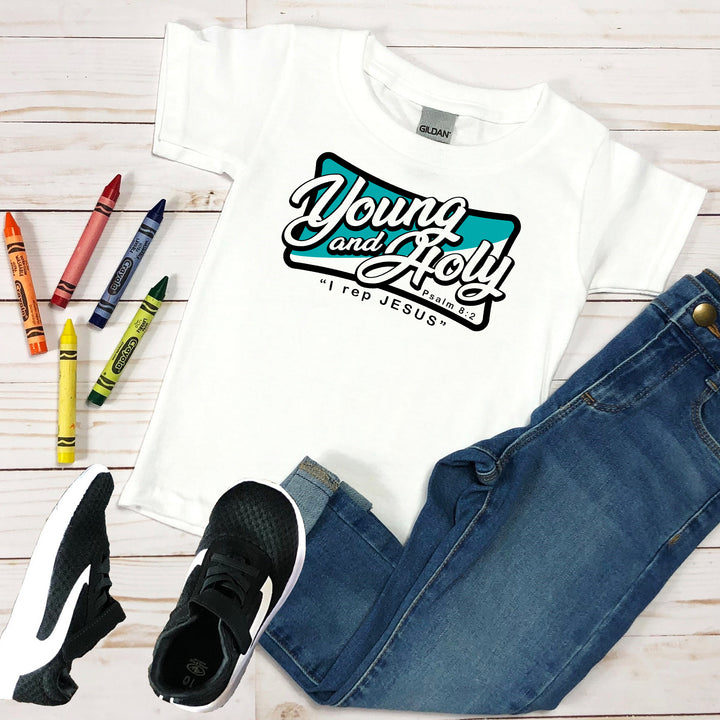 Young and Holy | Youth | Christian Shirt | Inspirational | T Shirt | White and Blue