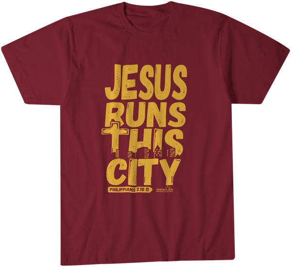 Jesus runs this city Garnet T-Shirt - Christian - t shirt - Anointed T Shirts