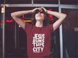 Jesus runs this city Garnet T-Shirt - Christian - t shirt - Anointed T Shirts